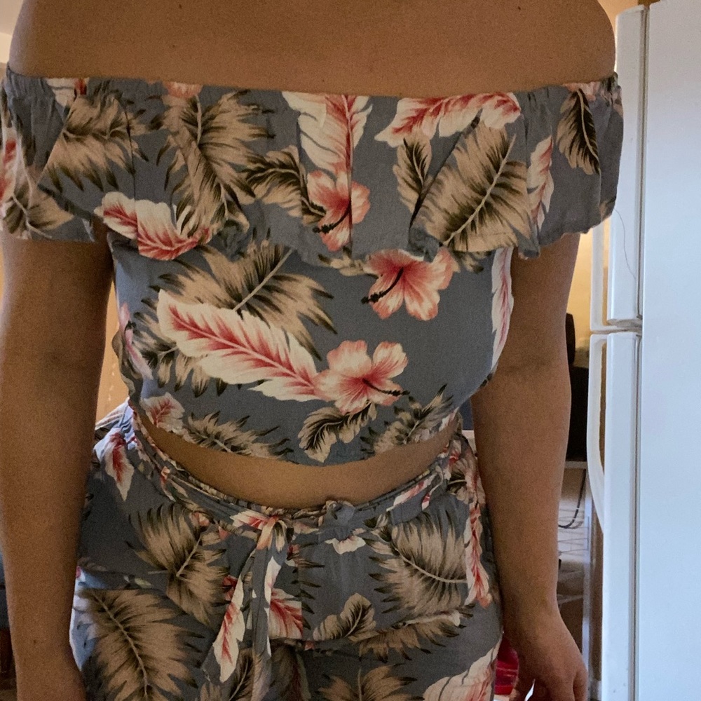 Two piece off the shoulder pant romper